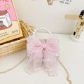 Pink mini crossbody bag for girls with large organza bow and pearl handle detail - Pink Long Bow
