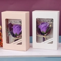 Pink and white soap flower gift boxes with purple roses and greeting cards - Purple