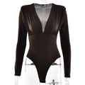 Detail of a deep V-neck ruched long sleeve bodysuit in brown with slimming fit style - S / Coffee