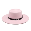Detail of pink wool fedora featuring black band and silver star studs on white background - M (56-58cm) / Pink