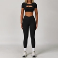 Women's black yoga set with cutout short sleeve top and high waist crossover leggings - S / Top And Bottom / Short Sleeve + Leggings / Premium Black