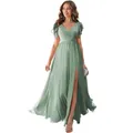 Sage green chiffon bridesmaid dress with V-neck, ruffle sleeves and side slit design - US size 2 (S) / Top And Bottom / Bean Green