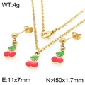 Set gioielli ciliegia in acciaio inossidabile dorato con collana e orecchini smaltati - Set Mini Ciliegia Rosso Verde (KS226002-Z)
