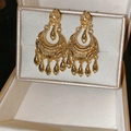 Close-up of golden hollow crescent earrings with teardrop fringe in a jewelry box - 6# Silver Pin-Gold-Waterdrop