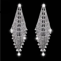 Elegant long silver tassel earrings with sparkling rhinestones in a triangle design - Silver Long Full Rhinestone Tassel