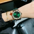 Montre femme chic avec cadran vert, boîtier doré, lunette en strass et bracelet noir - Bracelet Vert Boîtier Vert Or (Cadran Numérique)