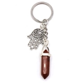 Hamsa Hand keychain with brown hexagonal crystal pillar and silver metal finish - Mahogany Obsidian