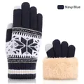 Navy blue winter knitted touchscreen gloves with white reindeer patterns and fleece lining - Double Layer Fur Cuff Snowflake Style / Navy Blue