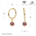 Detail view of 925 sterling silver hoop earrings with red zircon and size measurements - 925 Silver / January Gold Plated (Red Zirconia)