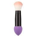 Dual-ended makeup brush with black handle, pink bristles and purple sponge puff - Bullet Tip / Purple