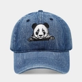 Casquette de baseball en jean délavé avec broderie panda et design rétro à six panneaux - Réglable / Bleu foncé