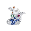 Sterling silver Christmas stocking charm with multi-color zircons and white pearl - 925 Sterling Silver / Artificial Pearl Christmas Sock (PC1743)