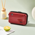 Red hardshell suitcase-style cosmetic bag with horizontal texture and shoulder strap - Wine Red-Handbag