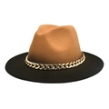Detail of wool fedora hat featuring two-tone contrast design and a decorative gold chain - M (56-58cm) / Camel + Black
