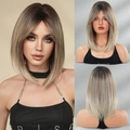 Perruque courte bob raide avec dégradé blond ombré et frange latérale élégante - Ombré Gris Mousse (16 Pouces)