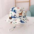 Kids white cotton sun hat with colorful cartoon animal print and adjustable chin strap - EU 48 / White Animal