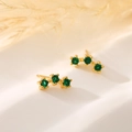 Elegant gold-plated stud earrings with three curved emerald green zircon stones - Triple Green Gemstone Curved Gold Studs