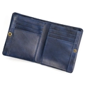 Close-up of open blue leather bifold wallet showing multiple card slots and snap closure - Hand-brushed Blue