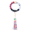 Detail of colorful silicone beads with wooden hexagon accent and tie-dye leather tassel - Style 24 (Wine Red Black Tie Dye)