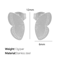 Silver color butterfly wing earrings in stainless steel, 12mm size, minimalist style - Butterfly Wing EH241 / Silver