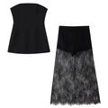 Elegant two-piece set featuring a black strapless crop top and a matching lace maxi skirt - S / Black