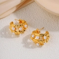 Gold plated titanium steel hoop earrings with hammered texture and white pearls - Hollow C-Shape Artificial Pearl