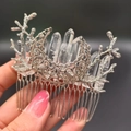 Silver branch and moon hair comb with raw clear crystal quartz point details - Transparent + Branch + Moon