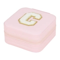 Pink portable jewelry box with velvet letter C embroidery and gold trim for rings - Letter C (No Mirror) (FS61) / 10x10x5cm
