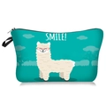 Detail of teal alpaca print cosmetic bag with 'SMILE!' text and secure zipper closure - Teal Blue Smiling Alpaca (SMILE!)