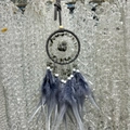 Handmade dream catcher wall hanging with grey feathers and natural dark stones - Labradorite Full Color