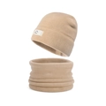 Conjunto de invierno para niños gorro y bufanda de forro polar beige con etiqueta de montaña - Caqui