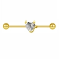 Golden industrial piercing barbell with heart white zircon and devil horn detail - Gold White Zircon