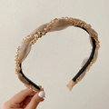 Elegant twisted champagne mesh headband with gold chains and crystal beads accent - Khaki