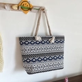 Ethnic geometric canvas tote bag in blue and black with braided rope handles - Style 2 (Blue Black Geometric)