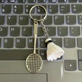 Silver metal badminton racket and white shuttlecock keychain on a laptop keyboard - 4.8cm*3.8cm / New Edition Metal Badminton White