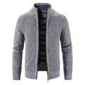 Men's grey slim-fit knit cardigan with stand collar and black-white checkered lining - M / Light Gray