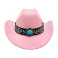Pink suede western cowboy hat with floral embroidery and blue turquoise centerpiece - Pink (Floral Embroidery Band)