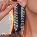 Elegant long silver tassel earrings with layered rhinestone leaves and crystals - Silver Leaf Fringe Style