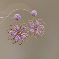 Detailed view of purple bohemian fabric flower earrings with gold metal frames - Gold-Purple
