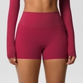 Detailed texture of high-waist seamless compression yoga shorts in deep berry red - 7101 Shorts - Rouge Red / S