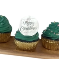 Close-up of silver mirror acrylic Merry Christmas cupcake toppers on green frosting - Silver Christmas Style 5