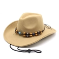 Classico cappello da cowboy in feltro kaki con fascia etnica e cordino regolabile - M (56-58cm) / Cammello