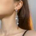 Elegant silver long tassel drop earrings with sparkling rhinestones and cubic zirconia - Silver Mesh Tassel (DTE1617011S)