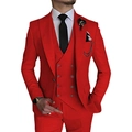 Three-piece red men's suit with double-breasted vest and metal chain accessory - Red