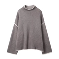 Damen-Rollkragenpullover in Dunkelkaffee mit eleganten weißen Kontrastkanten am Saum - S / Strickpullover mit Kontrastbesatz