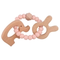 Pink silicone beaded teething ring with beech wood elephant and rabbit charms for babies - Light Pink
