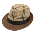 Chapeau de paille trilby rétro bicolore à carreaux avec ruban noir élégant - M(56-58cm) / Carreaux Beige-Noir / Bord Marron (Couleur 1)
