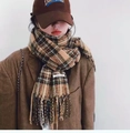Classic earth-toned plaid scarf with fringe paired with brown wool blazer and cap - Retro Korean Khaki Plaid
