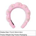 Pink plush towel sponge headband with white pearls and 17x18x4cm dimensions - Pearl Terry Cloth Headband / Pink