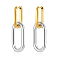 Detail of two-tone interlocking oval link earrings in polished gold and silver steel - Gold Spliced Steel Double Oval Chain Link Style (MS-606)